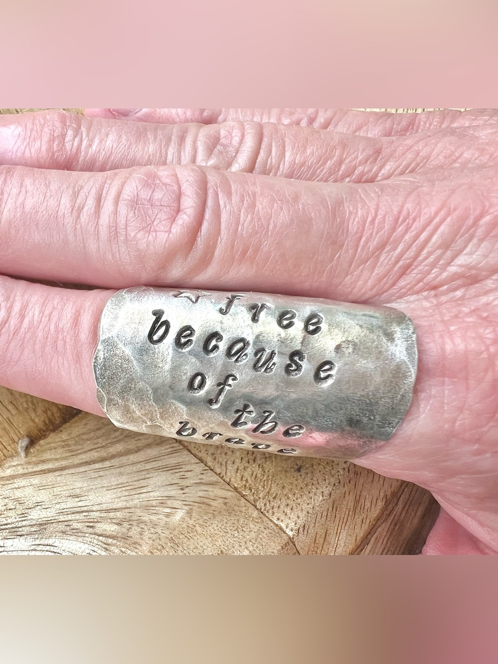 Hammered Vintage Spoon Ring “Free Because of the Brave" Hand Stamped Women’s - Picture 2 of 14